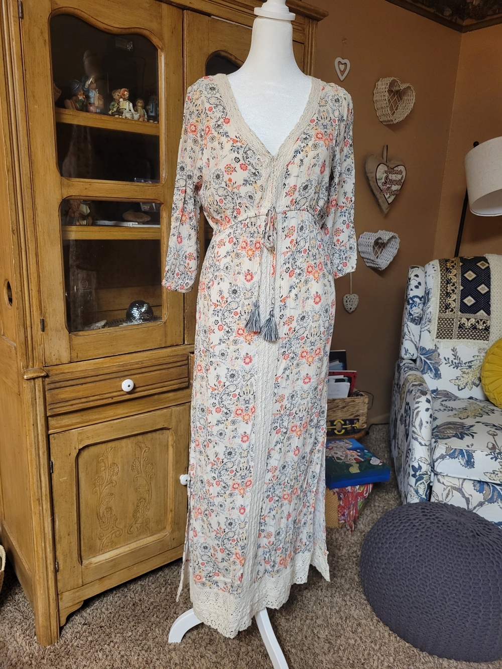 Boho Crochet-Trim Maxi Dress in Cream with Coral Accents & Vintage Lace